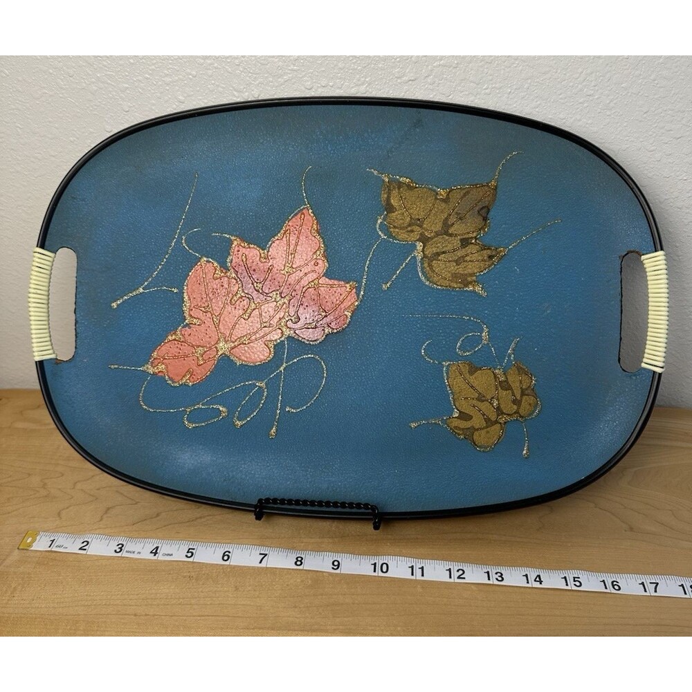 Vintage Norleans Japan Metal Serving Tray Blue Gold Autumn Leaves MCM 18x12